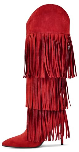 LISHAN Women's Pointed Closed Toe Pull On Knee High Boots Tassels Stilettos High Heels Fringed Faux Suede Thin Heel Dress Long Boot Party Shoes Red Size 8