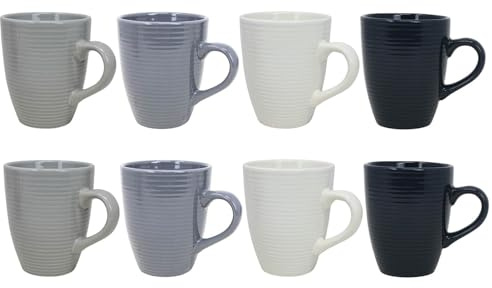 UNIQUE HOME LIVING Grey Stoneware Coffee Mugs Set of 8, 320ml Tea and Coffee Cups, Dishwasher and Microwave Safe, Chip-Resistant Stoneware Mug Set for Tea, Latte, Cappuccino, Mocha, Hot Chocolate