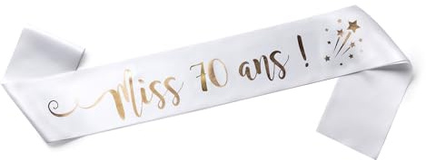 OLILLY - Écharpe Anniversaire Femme – Miss 70 Ans – Écharpe Blanche Satinée avec Inscription Dorée – Accessoire Festif pour Anniversaire – Idée Cadeau Originale (70 ans)