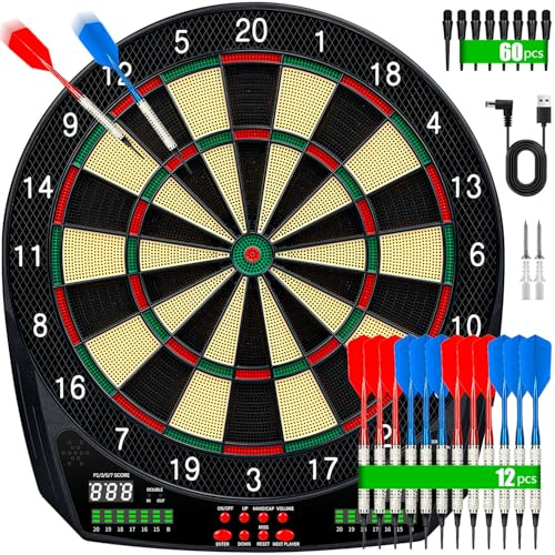 Bersaglio elettronico per freccette, freccette professionali, 35 giochi integrati, display LCD, istruzioni vocali, adatto da 1 a 8 giocatori, 12 freccette morbide, punteggio automatico