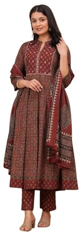 DHAKA Women's Pure Cotton Anarkali Kurti Pant Dupatta Set | Printed Ethnic Suit Set for Festive, Party & Evening Wear, (Maroon, Large)