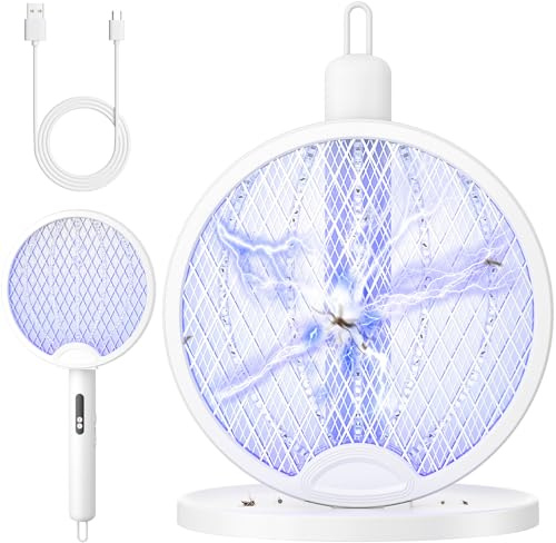 YISSVIC Raqueta Mosquitos Electrica Mata Mosquitos Electrico Plegable 3 en 1 4000V 1800mAh con Base Recargable USB-C Matamoscas Electrico de Luz UV para Mata Mosquitos, Polillas y Hormigas Voladoras