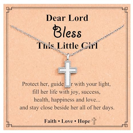 DEKALN Christening Gifts for Girls, Silver Cross Necklace for Teens, Easter Baptism Gifts for Daughter Niece Granddaughter Kids, Easter Party Bag Egg Fillers