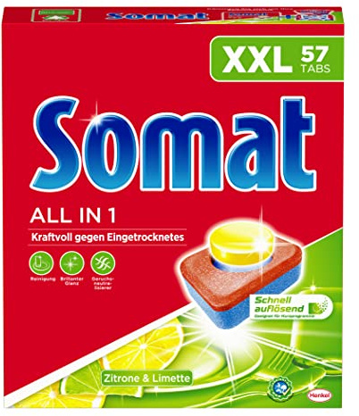 Somat All in 1 citron och lime diskmaskinflikar, 57 flikar, XXL pack, diskhoflikar för kraftfull rengöring med luktneutraliserande funktion