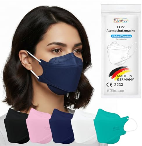TubeRoo FFP2 Maschera blu scuro a forma di pesce, 10 pezzi, Made in Germany, certificazione CE, morbidi passanti per le orecchie, fascia elastica, maschera di protezione respiratoria per pesci