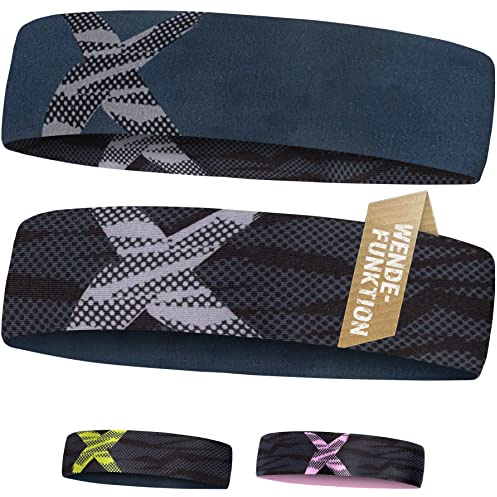 Stirnband Sport X zum Wenden - Slim, Ultraleicht, hoch elastisch - Schweißband und Haarband für Herren Damen und Kinder (Black Grey X Singlepackung)