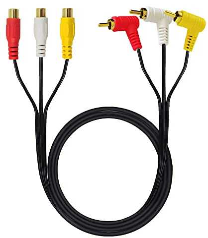 Traovien RCA ljudvideokabel, 3 RCA-kabel – guldpläterad, 90 graders högervinklad, 3 RCA-kontakt till hona, ljudvideokabel, 1,5 m (F böjd till M)