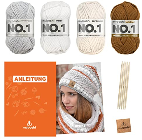 myboshi Strickset Mütze Irvine, Strickpaket für Fortgeschrittene, inkl. No.1 Wolle, Nadel, Anleitung und Label, 30% Merinowolle Elfenbein mit Nadelspiel