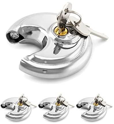 QWORK Keyed Alike Disc Padlock, 4 Pack Stainless Steel Discus Lock with 3/8-Inch Shackle, 2-3/4 in Wide, for Garages, Fence, Sheds and Storage Unit