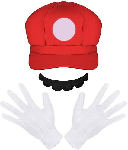Aomig Deguisement Casquette Mario, Barbe et 2 Gants, Chapeau Halloween, Déguisement Déguisé Cosplay pour carnaval, Halloween, cosplay, décoration pour garçon et fille, enfants et adultes (Rouge)