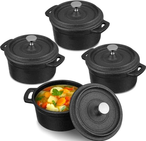 Suttmin 4 Pcs Mini Dutch Oven Small Round Iron Cocotte Black Dutch Oven Pot with Lid and Dual Handles Cast Iron Pot for Stovetop Use Marinate Cook Bake Refrigerate Garlic, Individual Servings(20 oz)