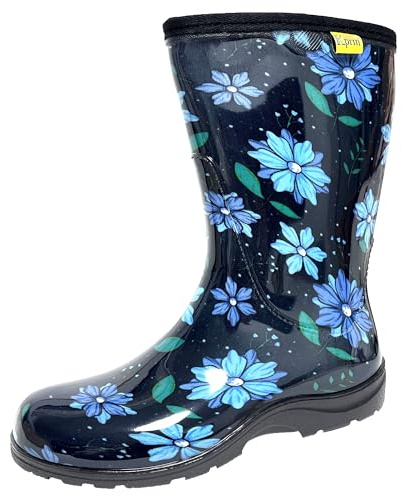 Kprm Women's Rain Boots Waterproof Mid Calf Rubber Garden Boots for Women Outdoor Mud Work with Comfort Insole (Blue Spring, 10)