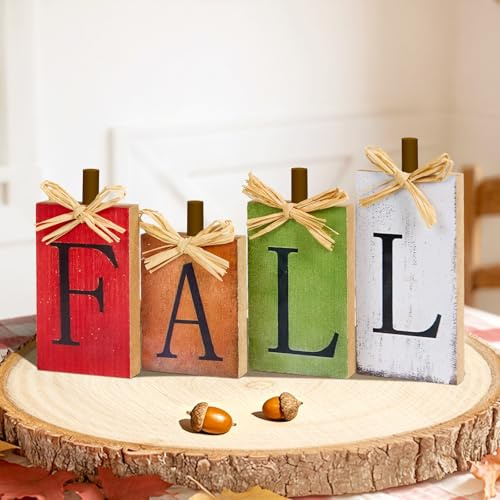 OLANRUN Fall Decorations for Home, Fall Decor - 4Pcs Vintage Wooden Autumn Thanksgiving Decorations for Table Indoor Home Office Farmhouse Kitchen Room Bedroom Mantel Tiered Tray Rustic Wood Signs