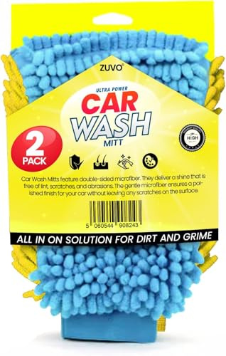 Zuvo Car Wash Mitt Gloves - (Pack of 2) Good Addition To Car Washing Kit Made with Lint Free Microfiber Cloth for Car Cleaning - Great For Car Detailing And Car Window Cleaner (Blue and Yellow)