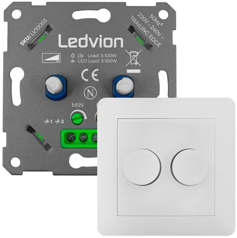 Ledvion - LED Dimmer + Abdeckplatte für Zwei 3-100 Watt, Universal, Lampe LED, Einbaudimmer, Dimmschalter, Dimmer LED Lampen, Phasenabschnittsdimmer LED, Inkl. Adapter