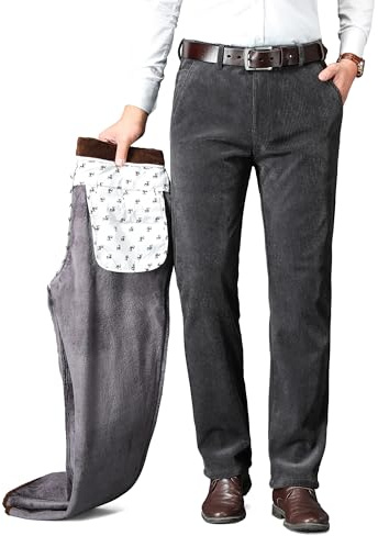 ziilay Pantaloni invernali da uomo foderati in velluto a coste con fodera in pile super morbido pantaloni in velluto a coste pantaloni da neve, Grigio scuro, 36W/30L