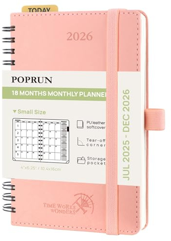 POPRUN Agenda Mensuel 2025 2026 De poche 16 x 10,5 cm - De Juil 2025 à Déc 2026 18 Mois, A6 Petit Planner Scolaire, Couverture Souple Spirale, Règle Signet, Papier 100g/m², Rose