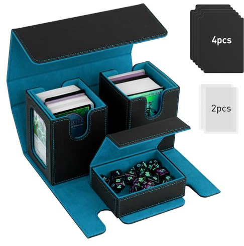 TiMOVO Caja Deck Commander MTG para Cartas YuGiOh TCG CCG, Negro Cian | Cabe 200+ Cartas Con Doble Funda, Estuche Magnético De Piel, 2 Exhibidores Commander & 4 Separadores & Bandeja Para Dados