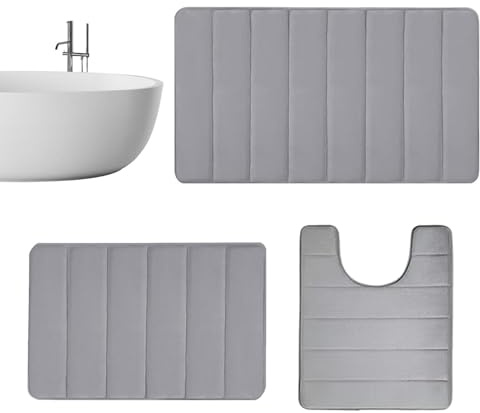 Genikeer Bathroom Mat Set 3 | Machine Washable 3 Piece Bath Mat & Toilet Pedestal Set Non Slip | Bathroom Rugs Non Slip Washable | Bath Mat 3 Pieces For Shower Floor, Bathmat Accessories Decor
