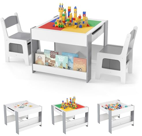 INFANS Kids Table and Chair Set, 4 in 1 Wooden Building Blocks Activity Desk with Reversible Tabletop Storage Drawers, Toddler Furniture for Dining Drawing Writing (Grey)