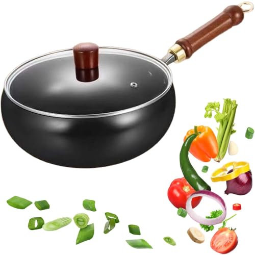 Japanese Iron Pan, 24cm/28cm Uncoated IronPans, Hand Forged Non-Stick Iron Pan, Or Natural Cooking, Gas Stove and Induction Stove, Non-Stick Pans (Glass lid, 28cm)