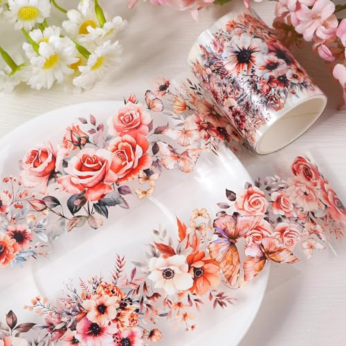 Flor Washi Tape PET, Cinta Adhesiva Decorativa Transparente, Pegatinas Tape with Flores, Cintas Florales Pegatinas Accesorios para DIY Crafts Scrapbooking Materiales Journaling Papeleria Aesthetic (A)