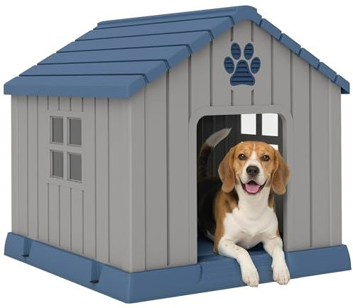 PawHut Dog Kennel Outdoor for Medium Dogs, Waterproof Plastic Dog House for Garden, Patio, Indoor Outdoor Pet Shelter with Elevated Base, 85 x 79 x 82 cm, Grey