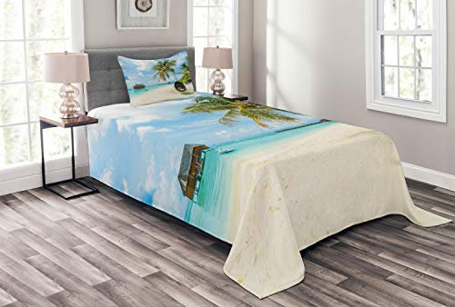 ABAKUHAUS Ozean Tagesdecke Set, Exotische Malediven Meer, Set mit Kissenbezug Weicher Stoff, für Einzelbetten 170 x 220 cm, Hellblau Beige