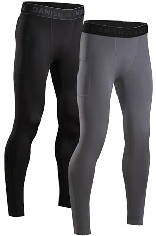 DANISH ENDURANCE 2er Pack Laufhose Herren Lang, Kompressionshose, Sportleggings mit Taschen, Mehrfarbig (1x Schwarz, 1x Grau), L