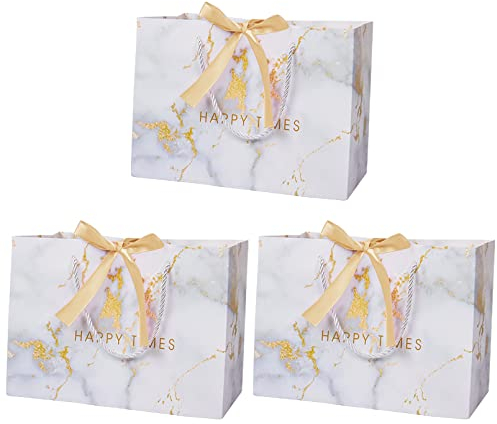 3 Stück Geschenktüten mit Henkel und Schleifenbändern, 36× 25× 12cm Geschenktüte Geburtstag Geschenktüte aus Papier für Geburtstag, Hochzeit, Brautparty, Babyparty(Weiß)