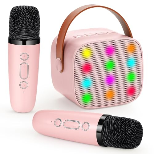 Damcyer Microfono Karaoke Giocattoli con 2 Microfoni Wireless,Karaoke Macchina per Bambini Mini con Bluetooth, Microfono Karaoke Portatile per Bambini e Principianti,Rosa