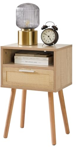 IBUYKE Rattan Nachttisch, Boho Beistelltisch mit Schublade offenes Regal, Holz Akzent Nachttisch, Beistelltisch mit Beinen für Schlafzimmer, Wohnzimmer und kleine Räume, Natur WNS009N