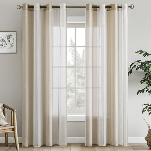 EMEMA Randiga skira gardiner med öljetter voile gardiner modernt vardagsrum set med 2 gardiner sovrum transparent mönster halvgenomskinlig randig gardin 140 x 245 cm vit beige