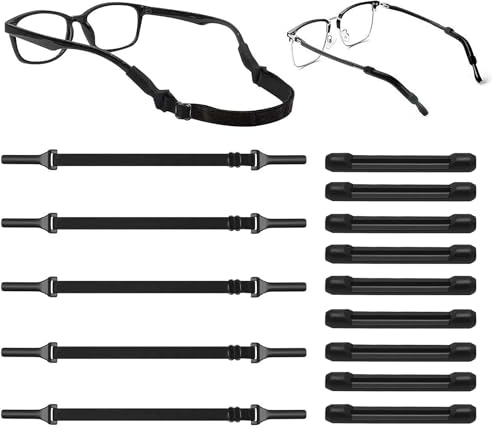 Brillenband Set, 5 Stück Verstellbarer Sportbrillenband mit 5 Brillenbügel Überzug Anti Rutsch Kein Schwanz Brillenbänder Neoprene Brillenriemen für Erwachsene und Kinder