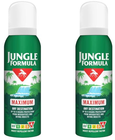 Jungle Formula Maximum Repellent Aerosol 125ml - Maximum Strength, Against Mosquitoes, Biting Insects and Ticks - Up to 9 hrs Protection for Any Destination incl. Tropics- with DEET (Pack of 2)