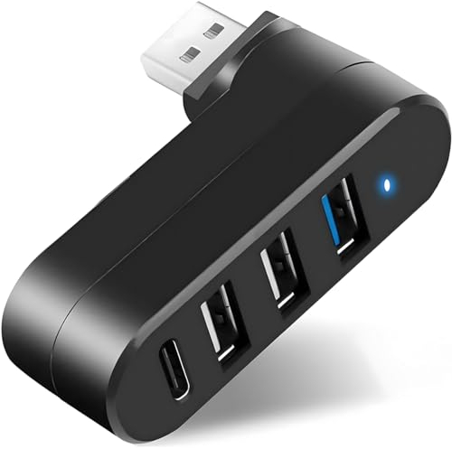 4-Port USB 3.0 Hub [90°/180° drehbar] mit 3 USB- und 1 USB-C-Strom-/Datenanschlüssen, Extender für Laptop, Auto, Mac Pro, iMac, MacBook und mehr
