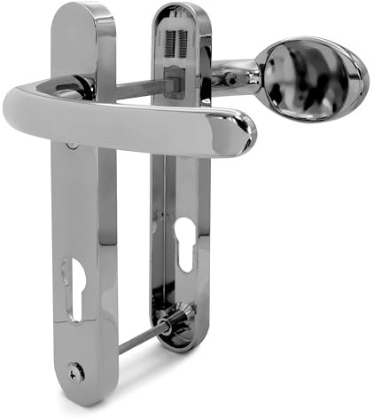 TSS Polished Chrome UPVC Door Handle Pair Set, Sprung, 92mm PZ (Centres), Lever Moveable Pad, 122mm Screw to Screw, Backplate 212mm x 34mm - Replacement PVC Door Handle in Chrome