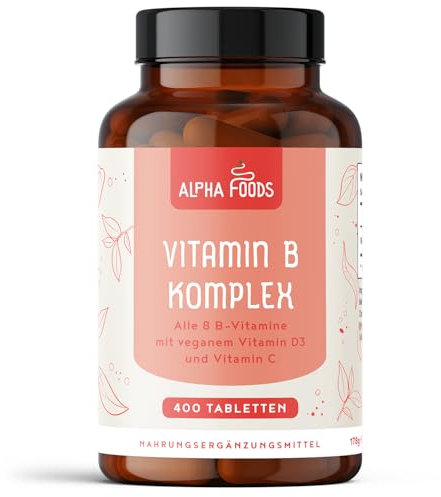 Vitamin B-Komplex | 400 hochwirksame vegane Tabletten (1 Jahr+ Vorrat) | Alle 8 B-Vitamine B1-B2-B5-B6-B12, Biotin, Folsäure, Vit C & D3 | Energie-Boost & Immun-Unterstützung | Alpha Foods