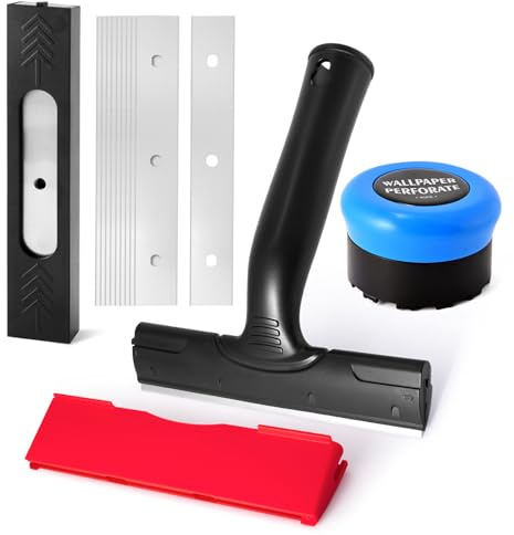 NEWISHTOOL Kit de herramientas de extracción de papel tapiz con herramienta peladora perforadora de papel de pared y removedor de calcomanías raspador de hoja de 6 pulgadas, removedor de