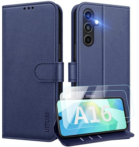 UITUIM Cover per Samsung Galaxy A16 5G/4G Custodia con 2 Vetro Temperato Pellicola a Libro Portafoglio in Pelle Porta Carte Protettiva Flip Case,Blu