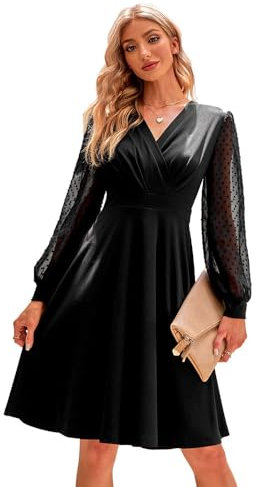 RPAEOY Kleid Damen Sexy Mesh Langarm V Ausschnitt Wickelkleid Elegant Cocktailkleid Casual Swing Skater Kleider Mini Abendkleider (Schwarz/XL)