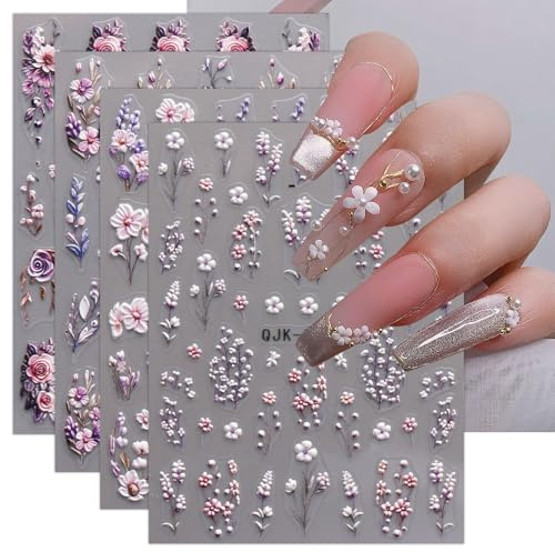 JMEOWIO 3D Flores Pegatinas Para Uñas Autoadesiva 5D Nail Art Stickers Decoración 4 Hojas