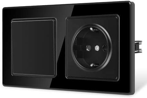 CNBINGO Enchufe Schuko e interruptor de luz con garras – 1 compartimento basculante empotrado – Enchufe de pared con protección de seguridad para niños – con placa de cristal curvada 2,5D – Negro