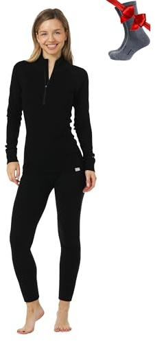 Merino.tech Merino Wool Base Layer Womens Set - Merino Thermal Underwear Womens Top and Bottom Lightweight, Midweight, Heavyweight (Small, 250 Black Zip-up Set)