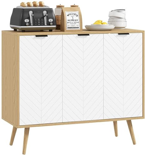 HOMCOM Aparador de Cocina Mueble Auxiliar de Cocina con 3 Puertas con Patrón de Espiga Patas de Madera y Estantes Ajustables Mueble Buffet para Comedor Salón 91,5x35x77,4 cm Blanco y Natural
