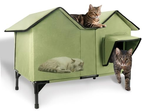 Outdoor Waterproof Cat House, Extra Large Cat Shelter, Pet House with Elevated Base and Cushion, Feral Cat Kennel for Multiple Cats and Small Dogs, Green