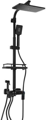 Duschpelare med 38 °C termostat och LCD-display, duschsystem inklusive huvuddusch, handdusch och duscharmatur, rostfritt stål regndusch 73–116 cm justerbar, duschstång, duschset för badrum (svart)