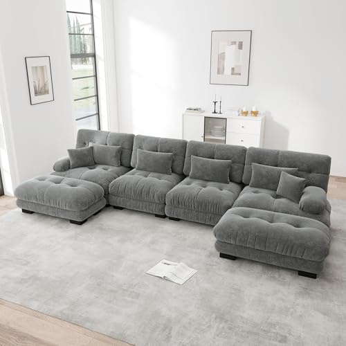 Dolamaní Sofá esquinero en forma de U, tela de chenilla para salón, apartamento, oficina, fácil montaje (gris, M-(4 plazas + 2 taburetes))