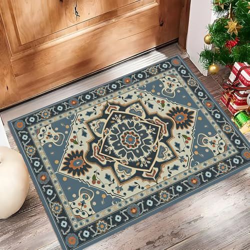 GDJSMIN Felpudo Entrada Casa 80 X 120 cm,Patrones Geométricos,Felpudos Exterior Antideslizante Y Lavable,Patrones Tradicionales Persas Alfombra Atrapar Suciedad para Puerta Principal,Azul