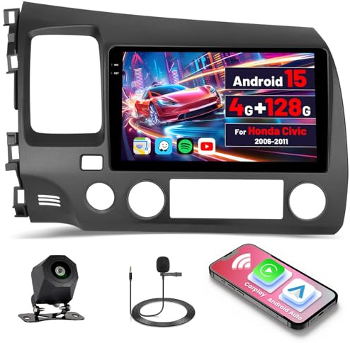 Inefala [4+128GB] Android 15 Car Radio for Honda Civic 2006-2011 with Wireless Carplay/Android Auto, 9 Inch HD Touchscreen Car Stereo with GPS WiFi Bluetooth FM/RDS EQ SWC Backup Camera MIC